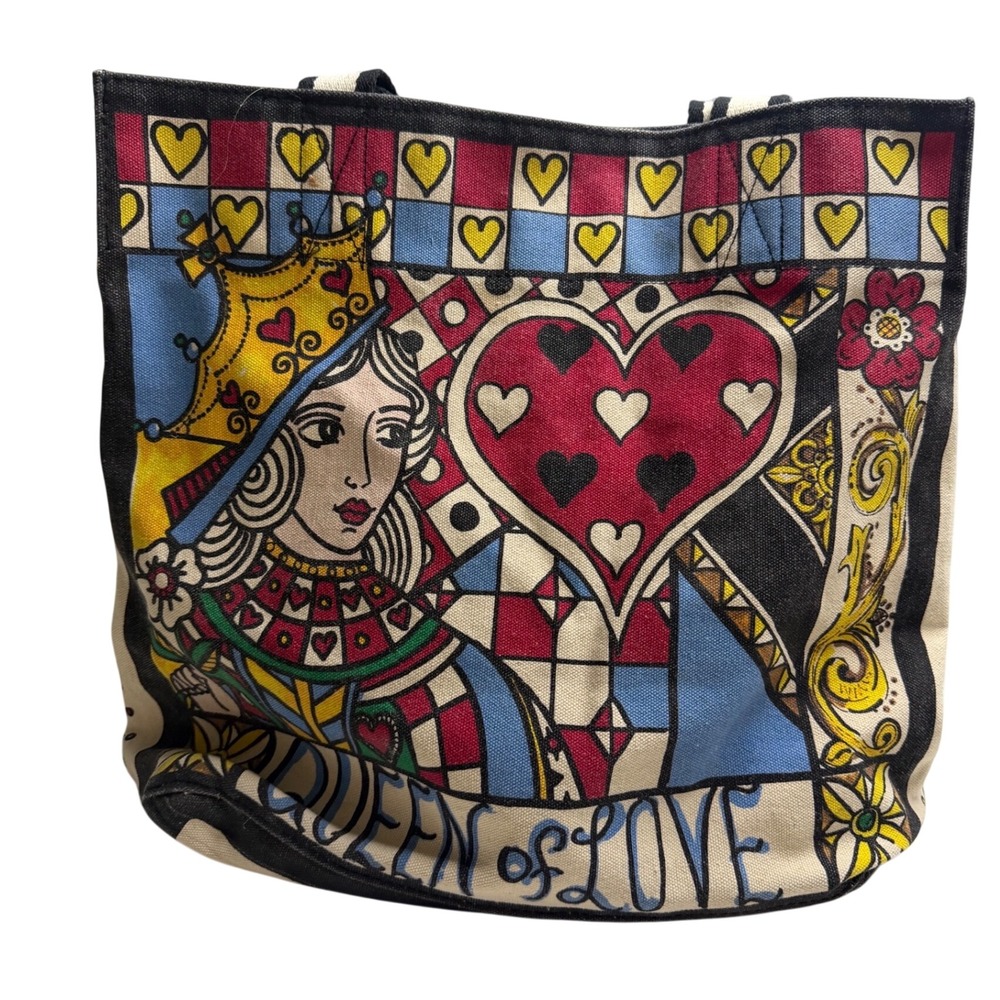 Brighton Queen of Love Canvas Tote Bag Hearts Playing Card Print Multi Color